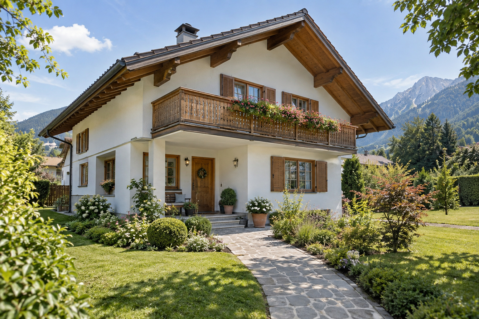 Einladendes Wohnhaus mit Garten und Weg zur Eingangstür